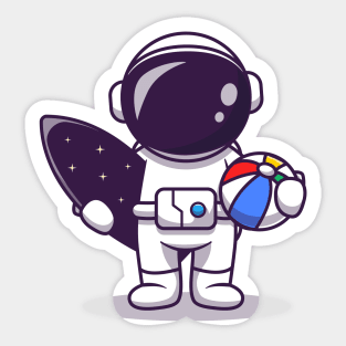 Cute Astronaut Summer With Surfboard And Ball Cartoon Sticker